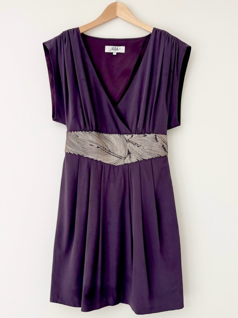 Tibi 100% Silk Purple Mini Dress Cutout Back Silver Metallic Waist Band Sz 4